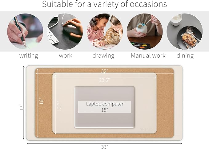 RENMTURE Desk Pad, Cork & PU Leather Desk Mat, Large Mouse pad, Non-Slip Desk Protector and Blotter, Waterproof Writing Pad, Desk Accessories and Organizers for Home Office (Apricot,36"x17")