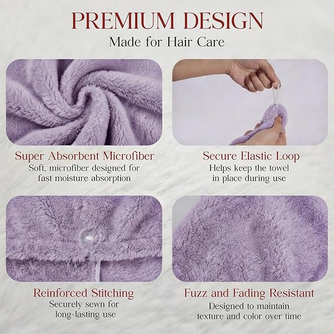3 Pack Microfiber Hair Towel Wrap for Women 26 x 10 in | Hair Drying Towel with Button |Hair Turban Towel Quick Dry Coral Fleece Head Towels (Pink + Purple + Green)