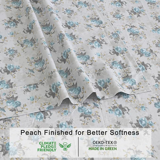 RUVANTI 100% Cotton Organic Percale Sheets Split King Size – Crisp Cooling Bed Sheets for Hot Sleepers, Deep Pocket 15”, Soft Peach Finish, Breathable & Durable Hotel-Style 5 Pcs, Blue Rose