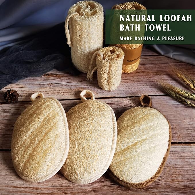 YIQINGJIE Natural Loofah Sponge Exfoliating Body Scrubber (3 Pack),Made with Eco-Friendly and Biodegradable Shower Luffa Sponge, Loofah for Women and Men, Beige