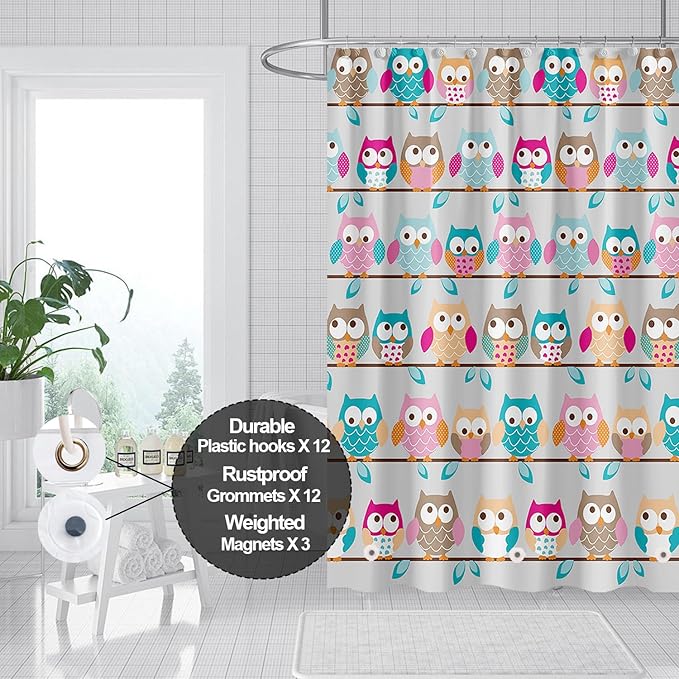 Plastic Shower Liner - Premium EVA 5G Shower Curtain Liner with Rustproof Grommets and 3 Weighted Magnets, Waterproof Shower Curtains for Bathroom (5G-Owl, 72" x 72")