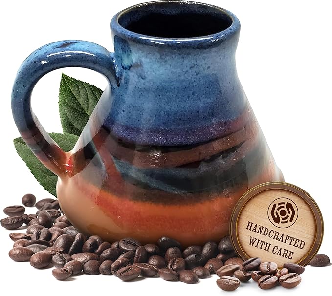 ALWAYS AZUL POTTERY Wide Bottom Travel Mug in Azulscape Glaze Design - Handmade Ceramic Mug, Microwave Safe, Polished Pottery for Coffee, Tea & Hot Drinks, Unique, Stylish, Durable Ceramic Coffee Cup