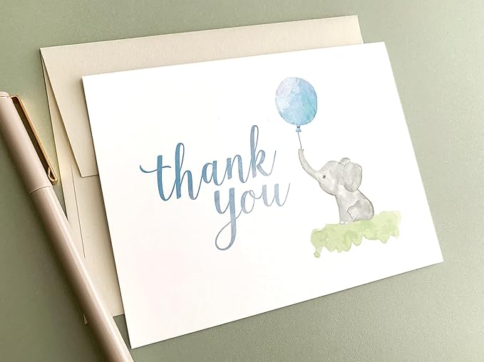 Elephant Baby Shower Thank You Cards - Set of 10 Elephant Thank You Baby Shower Cards With 10 Envelopes - Thank You Cards With Elephants - Designed, Printed and Packaged in the USA by Palmer Street Press (Blue)