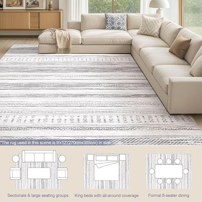 Tortania Area Rug Living Room Rugs - 9x12 Washable Large Soft Neutral Boho Moroccan Bohemian Farmhouse Rug Indoor Floor Carpet for Bedroom Under Dining Table Home Office Decor - Light Grey