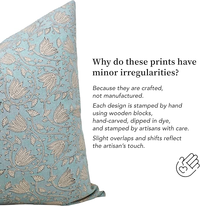 Handmade Block Print 100% Thick Cotton 20 x 20 inch Throw Pillow Cushion Cover with Zipper - Pillowcase for Bedroom, livingroom, Couch, Sofa, Outdoor, Chair, Bed, Home Décor- Sansa (Misty Blue)