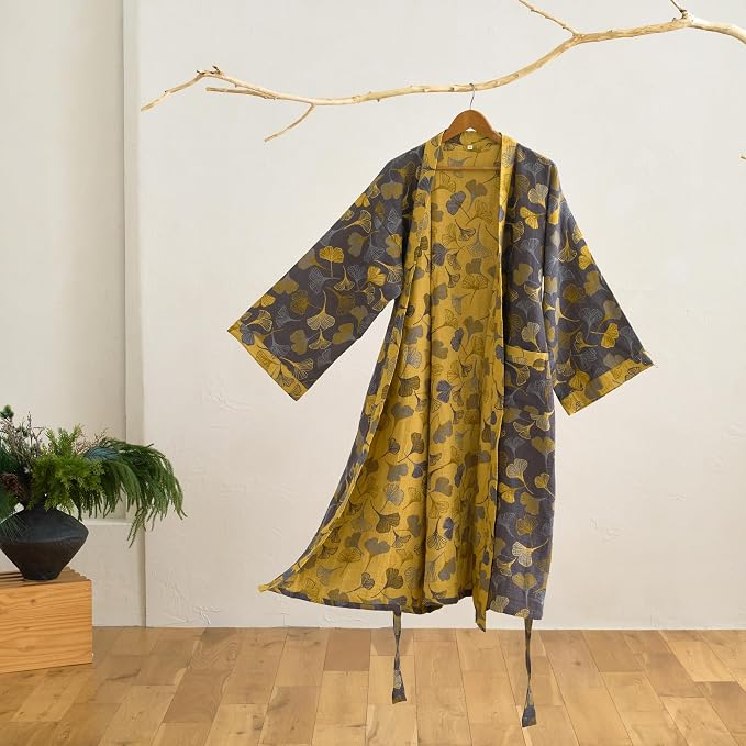 100% Cotton Gauze Ginkgo Leaf Kimono Robe, Long Knit Loose Bathrobe Nightgown Ladies Loungewear Sleepwear for Women