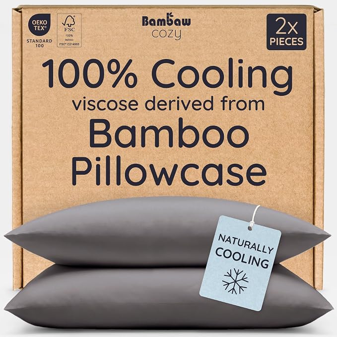 Bambaw 100% Viscose Derived from Bamboo Pillow Cases Queen Size Set of 2, Queen Cooling Pillow Cases with Envelope Closure, Breathable & Super Soft Pillow Cases, Anti Acne Pillow Cases (Dark Gray)