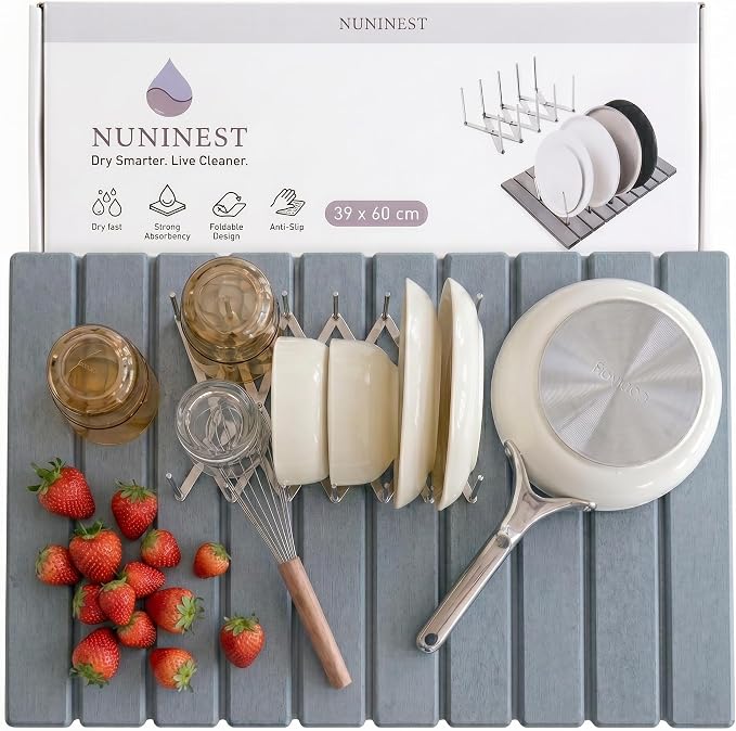 Diatomaceous Stone Dish Drying Mat with Collapsible Steel Rack - Quick Dry Kitchen Counter Set, Space Saving Foldable Dryer