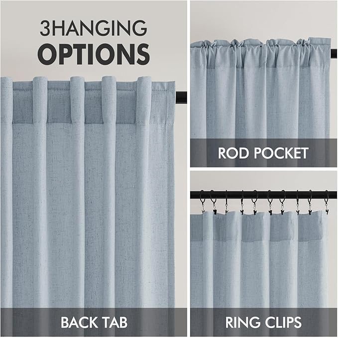 MIULEE Non-See-Through Privacy Linen Curtains 2 Panels, Chambray Blue Light Filtering Window Curtains Farn House Textured Back Tab Semi Sheer Drapes for Bedroom Living Room 96 Inches Long Light Blue