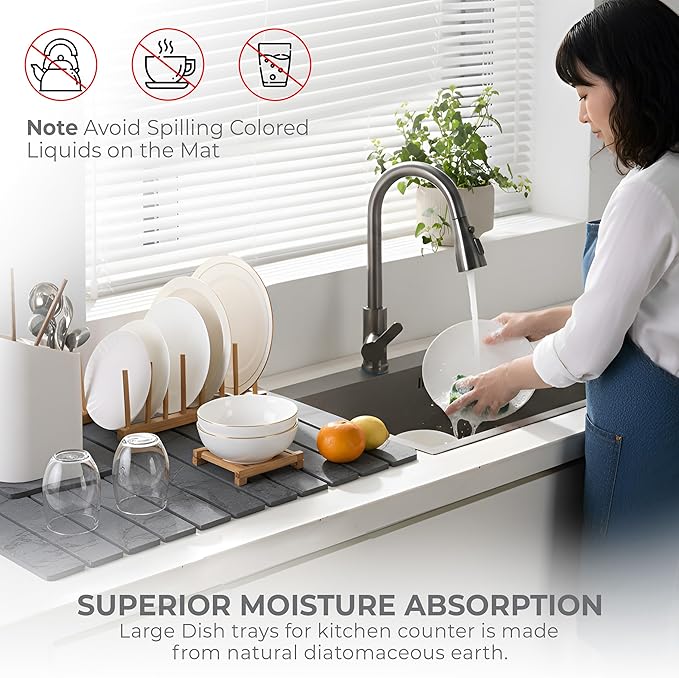Large Stone Dish Drying Mat for Kitchen Counter,Natural Quick Dry Stone Dishes Mats,Foldable Water Absorbing Diatomaceous Earth Drying Organizer Pad for Kitchen Utensils(Dark Gray 24"×16" & 8"x4")