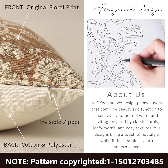 Vintage Floral Print Throw Pillow Covers 12x20 Set of 2 Neutral Modern Farmhouse Pillow Cases Accent Decorative Cushion Covers Boho Home Decor for Couch Sofa Chair Bed Living Room, Cognac