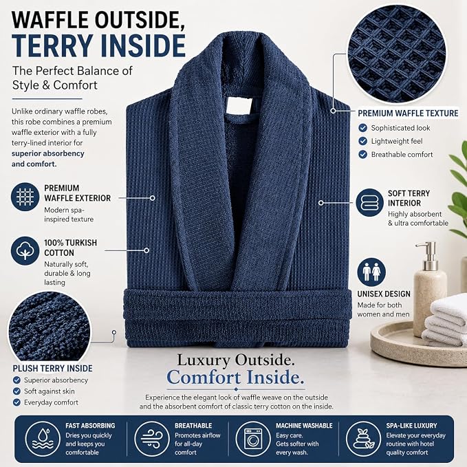 sea me at home Turkish Cotton Waffle Bathrobe, Luxury Spa Hotel Shawl Collar Robe for Women & Men, Plush Terry Inside