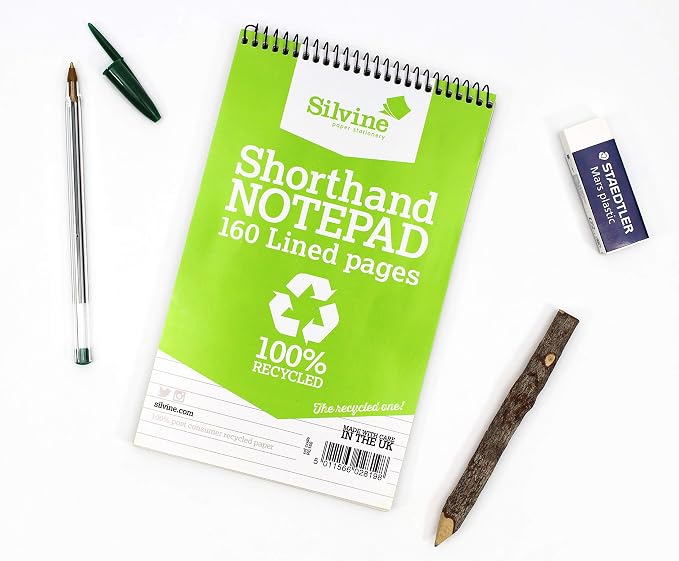 Silvine 160 Page 8x5" Shorthand Notebook, Recycled. Ruled 8mm Feint - Ref RE160