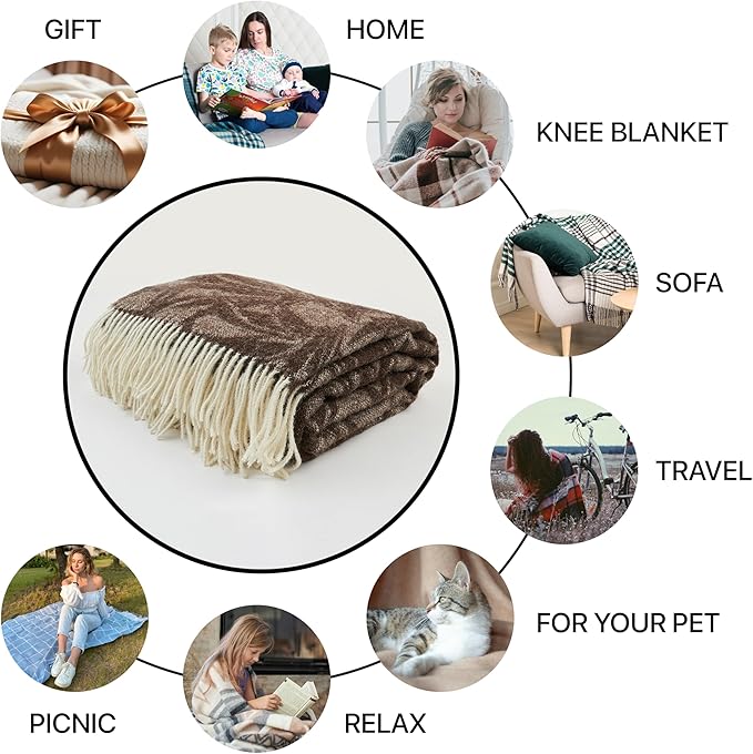 | Wool Blanket/Throw | 100% New Zealand Wool | Perfect for Home and Outdoors | Virgin Wool Blanket with Fringes 55"x79" (140 x 200 cm) (Brown Leaves)