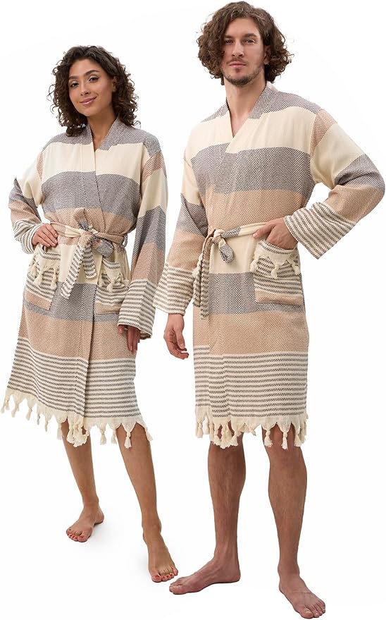 ATANI 100% Turkish Cotton Bathrobe S-XXL for Women & Men – Peshtemal Style Soft Cozy Lounge Robe, Absorbent & Lightweight