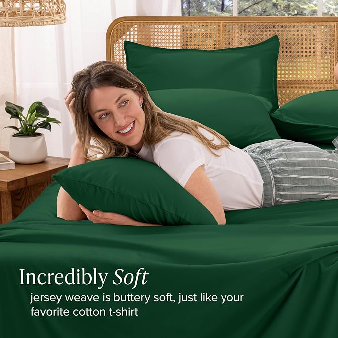 Bare Home 100% Organic Cotton Jersey Sheet Set, Ultra Soft, 100% Cotton - Sheet Set & Pillowcase - Deep Pocket Bed Sheets (Twin XL, Forest Green)