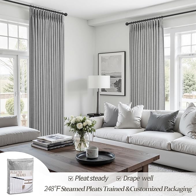 Pinch Pleated Light Grey 108 Inch Large Curtains for Patio Sliding Glass Doors, Extra Long Memory Trained Blackout Double Layer Thick Linen Insulated Sound Dampening Modern Windows Drapes Panels of 2