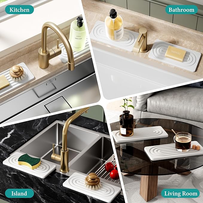 Water Absorbing Stone Tray, Quick Drying Diatomite Bathroom Tray Countertop, Stone Drying Mat for Kitchen Counter, Soap Dish Dispenser Vanity Organizer, White-A-9.8" x 4"