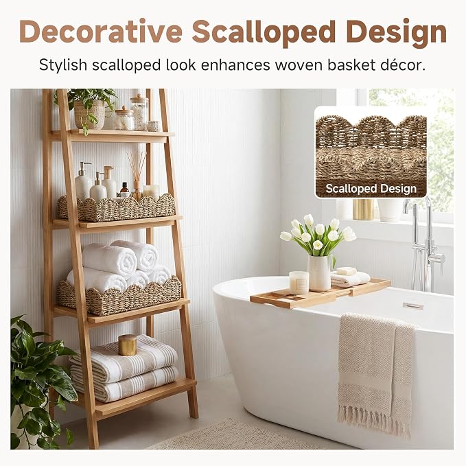 StorageWorks Large Scalloped Basket Trays for decor, Seagrass Wicker Storage Baskets for Shelves, Handwoven Rectangle Bathroom Baskets for Organizing, Shallow Wicker Tray for Ottoman, 2-Pack