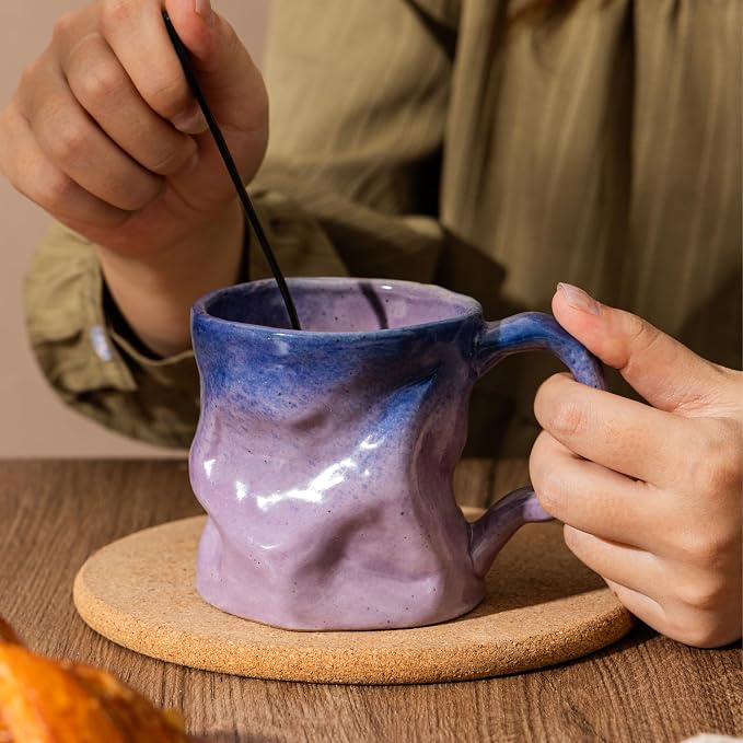 Handmade Ceramic Coffee Mugs, Mugs with Spoon, 11oz, Handmade Pottery Mug with Handle, Hand-painting, Unique Uneven Surface Tea cups, Dishwasher and Microwave Safe (Purple)