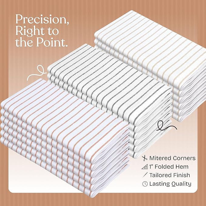Multi Pack Stripe Napkins Set of 12, 18x18 Inch, 100% Cotton, Classic Striped Durable Table Linen for Dinners, Wedding, Reusable and Washable for Everyday Dining - Beige, Rust, Black