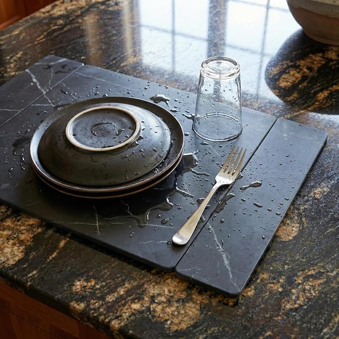 Selegna Stone Drying Mat for Kitchen Counter, Diatomite Stone Dish Drying Mat & Kitchen Sink Mat, Quick-Dry Diatomaceous Earth Counter Mat, Collapsible Tri-Panel Design