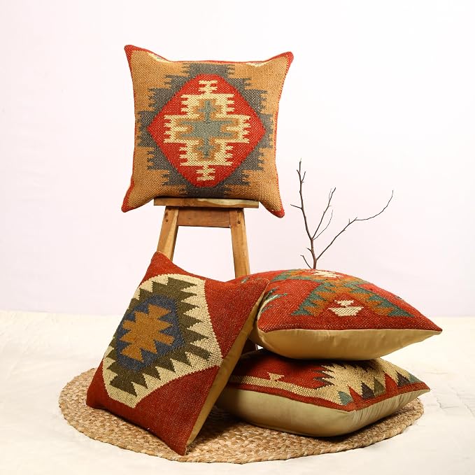 Trade Star 70% Jute 30% Wool Cushion Cases Ethnic Pillow Shams Rug Pillow Covers Handloomed Pillow Cases Throw Pillow Cover Handwoven Pillowcase Set of 4 Kilim Cushion Covers (Kilim 2)