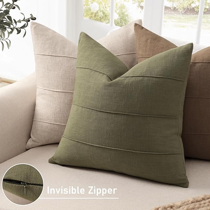 Decorative Linen Throw Pillow Covers 24x24 Set of 2 Solid handcrafted Striped Cushion Covers for Bed Soft Modern Farmhouse Neutral Pillowcase for Couch Bedroom Living Room Home Decor(Olive Green)
