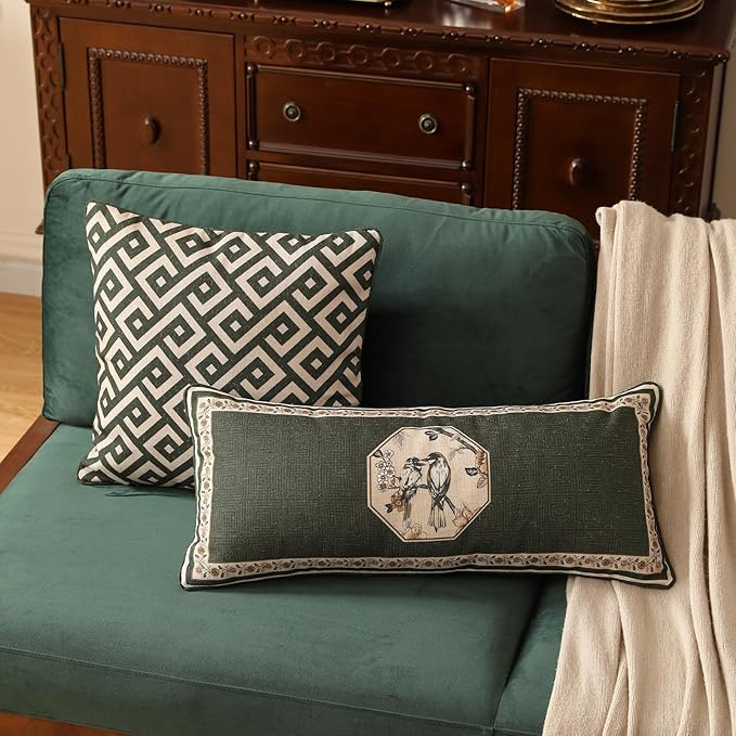 ISAENNE Design Linen Classic Vintage Throw Pillow Covers 18"x18" Pack of 2, Minimalist Square Cushion Covers with Green Irregular Plaid Pattern Decor Pillowcases for Bed,Living Room,Outdoor,Car
