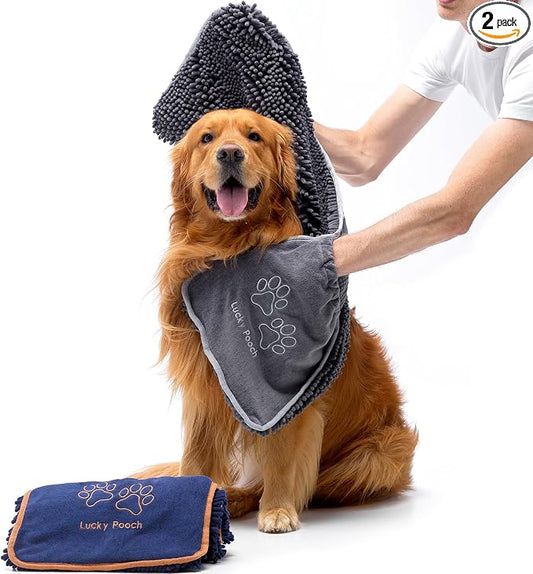 Lucky Pooch® Super Absorbent Shammy Dog Towel - Luxuriously Soft Hand Pockets – 34.5x12.5 – Quick Drying Microfiber Dog Bath Towel – Durable Dog Towels for Drying Dogs (Pack of 2, French Navy/Gray)
