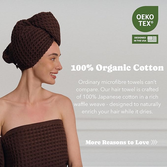 Luxury Organic Japanese Cotton Hair Drying Waffle Towel Wrap for Women | Absorbent, Quick-Dry Head Turban for Shower, Sauna, Spa | Extra Large for Long, Curly, Straight Hair With Button (Brown, 2 Pc)