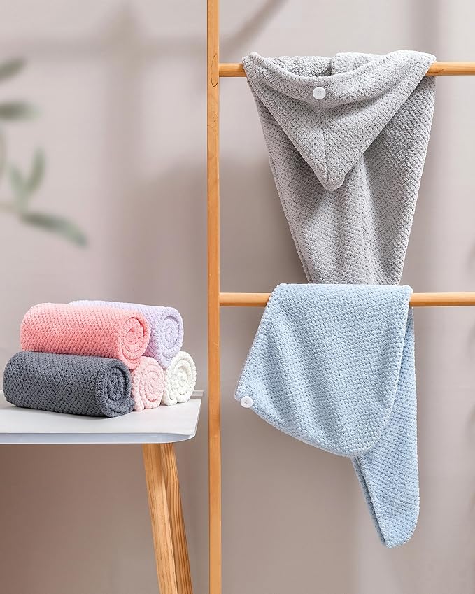 Lumimi Microfiber Hair Towel Wrap 4 Pack for Women with Button Hair Drying Wrap for Straight Curly Hair(5 Colors B)
