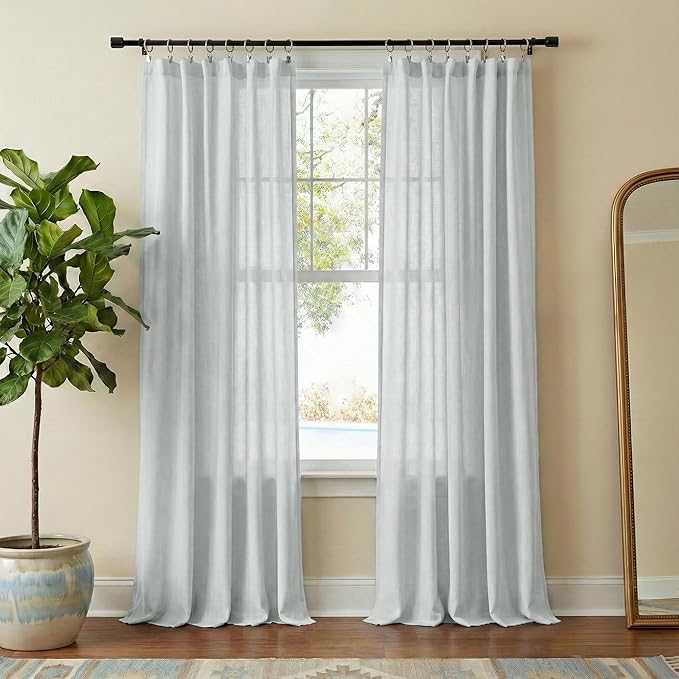 NICETOWN Linen Blend Light Cyan Curtains 84 inches Long, Rod Pocket & Back Tab Light Filtering Semi Sheer Window Treatments Privacy Added Drapes for Living Room, W55 x L84, 2 Panels