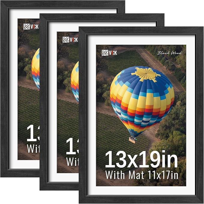 VCK 13x19 Picture Frames Black 3 Pack, Wide Border Solid Wood, Tempered Glass, Display 11x17 Photo with Mat or 13 x 19 without, for Home, Office, Gallery, Woodgrain Series, Wall Hanging