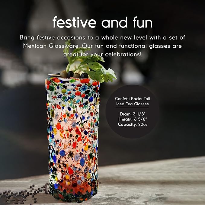 Confetti Rocks 20 oz Tall Iced Tea Glasses (set of 6) | Hand Blown Drinking Glasses, Multicolor Mexican Glassware Tumblers for Water, Juice, Margaritas & Cocktails | Lead-free, Toxin-Free