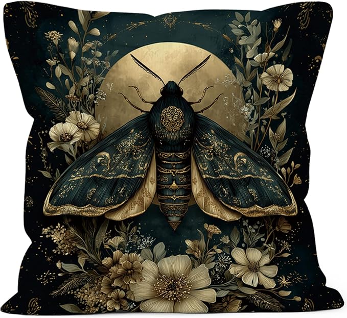 Gothic Moth Throw Pillow Cover Gifts 18x18, Vintage Dark Cottagecore Decor Pillow Cases for Bedroom Living Room, Moody Floral Botanical Decorative Square Pillowcases for Couch Bed Sofa