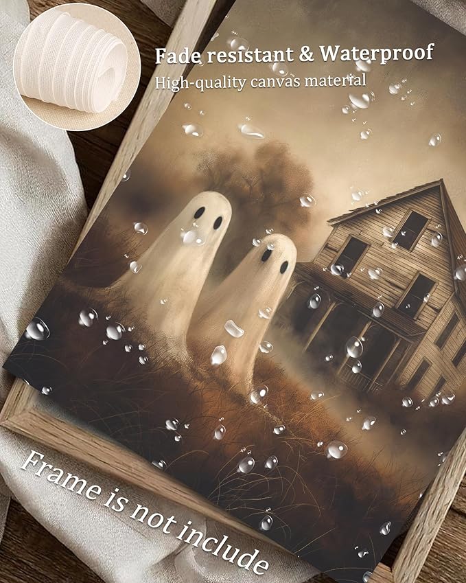 Vodefoad Retro Cute Ghost Decor Halloween Painting Spooky Silhouette Ghosts Haunted House Art Victorian Ghost Posters Pictures for Living Room, Bedroom, Bathroom, halloween Room decor - 8x10 Inch Unframed