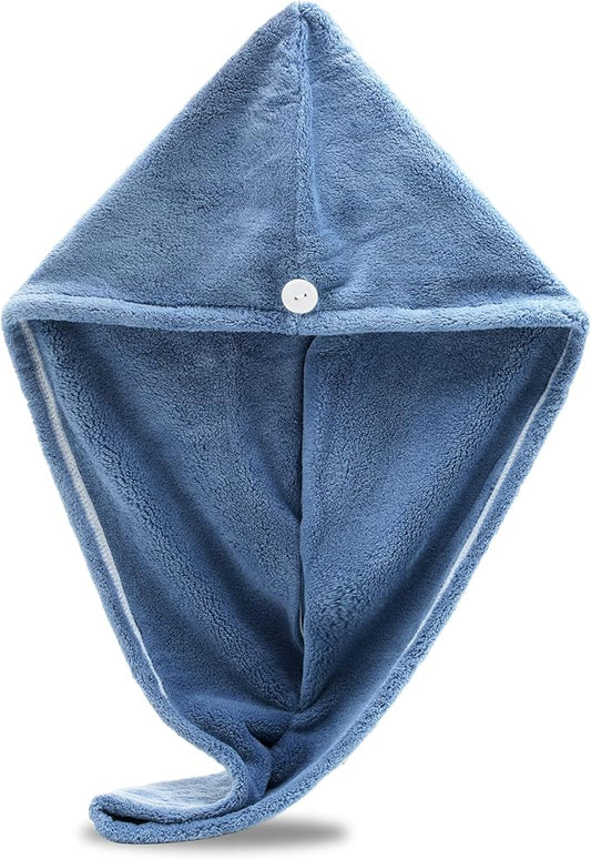 Microfiber Hair Towel Wrap Super Absorbent Twist Turban Dry Hair Cap with Button Fasten