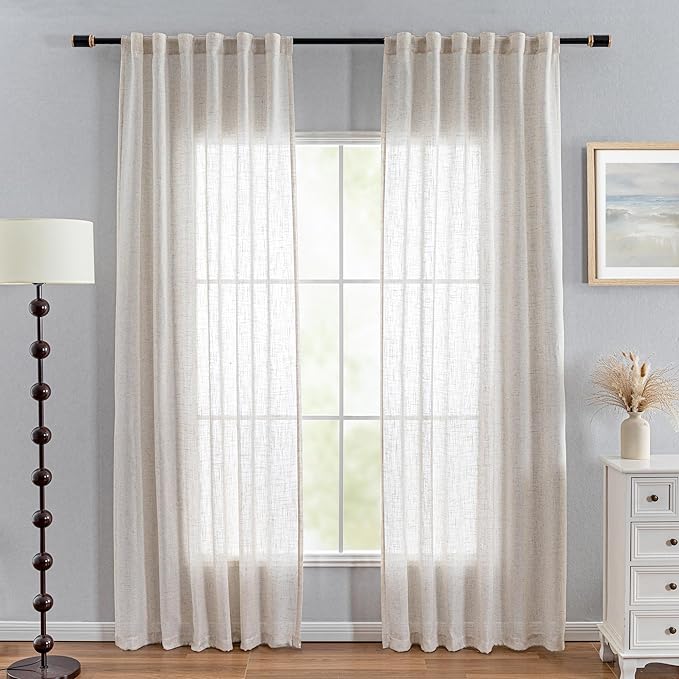 MYSKY HOME Linen Curtains for Living Room 1 Panel, Natural Semi Sheer Curtains & Drapes Light Filtering Farmhouse Country Boho Style Back Tab Draperies for Sliding Glass Door (Customsize, Linen)