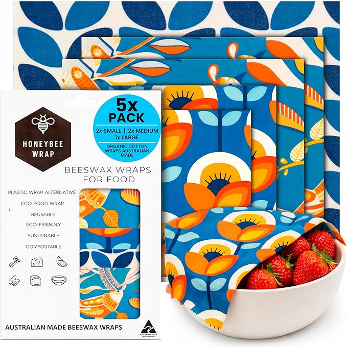 Honeybee Reusable Beeswax Wraps for Food | 5 Pack | Handmade in Australia | Eco Friendly, Organic, Biodegradable, Bee's Wrap for Bowl Covers and Food Storage | Reusable Cling Wrap