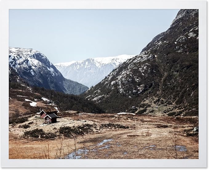 Monem Art Scandinavian Mountain Cabin Landscape Photography Print - Nordic Nature Scenic Art Poster - Wall Decor for Living Room, Bedroom or Office - 12x16 White Framed Wall Art by Mareike Bohmer