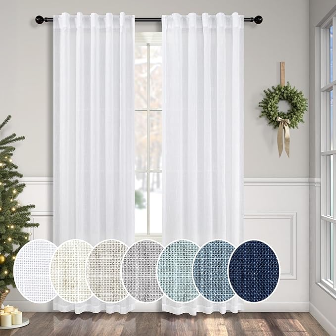White Curtains 38 Inch Wide for Bedroom 2 Panels Back Tab Rod Pocket Semi Sheer Privacy Cotton Textured Light Filter White Linen Curtains for Living Room Rustic Farmhouse Boho Decor Width 38 x 96 Long