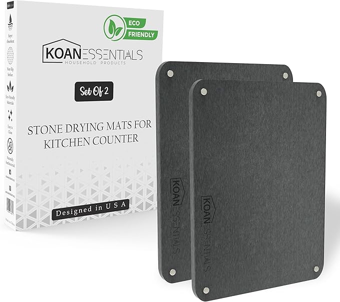 KOANEssentials Stone Dish Drying Mats for Kitchen Counter, Heat Resistant, Fast Dry, Super Absorbent Dish Drying Mats, Eco-Friendly Diatomaceous Earth Mat, Sand Tools included (16x12 Inch,Grey) 2 Pack