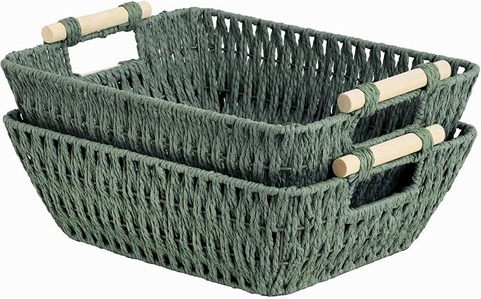 StorageWorks Large Wicker Storage Basket for Organizing with Wooden Handles, Toilet Paper Baskets for Bathroom, Bosana Green, 2-Pack