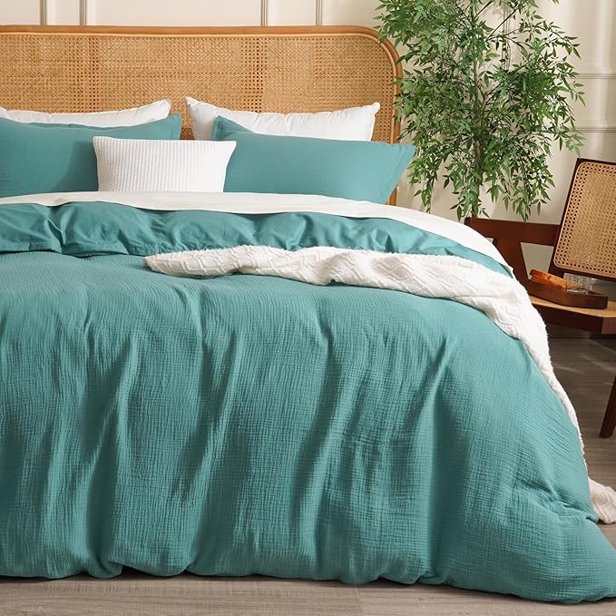 David's Home 100% Cotton Muslin Duvet Cover Set Twin Size,2 Pcs Ultra Soft Breathable & Lightweight Gauze Bedding Set with 1 Pillowcase,Textured Home Decor with Button, 68"×90" Teal,No Insert