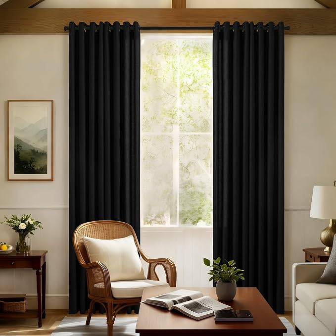Extra Long Black Curtains 120 In Length 2 Panels Set for Living Room Grommet Ring Neutral Farmhouse Faux Linen Drapes Light Filtering Semi Sheer Curtain 120 Inches Floor Ceiling Patio Sliding Door