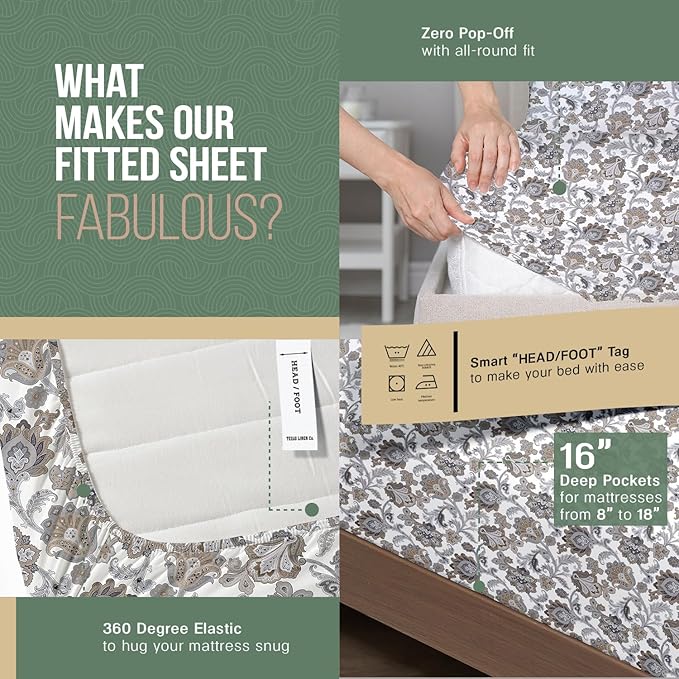 TEXAS LINEN CO. 100% Organic Cotton Percale Sheets Full Size - 4 PC Organic Cotton Full Size Percale Printed Sheet Sets, Soft, Crisp, Cooling Sheets, 16" Deep Pocket Hotel Bedding Set - Floral Ivory