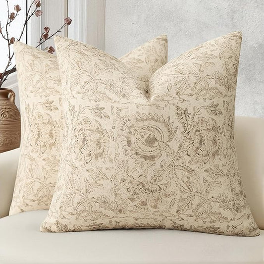 Vintage Floral Print Throw Pillow Covers 26x26 Set of 2 Neutral Modern Farmhouse Pillowcases Accent Decorative Cushion Covers Boho Home Decor for Couch Sofa Chair Bed Living Room, Natural Beige