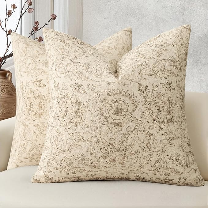 Vintage Floral Print Throw Pillow Covers 20x20 Set of 2 Neutral Modern Farmhouse Pillowcases Accent Decorative Cushion Covers Boho Home Decor for Couch Sofa Chair Bed Living Room, Natural Beige