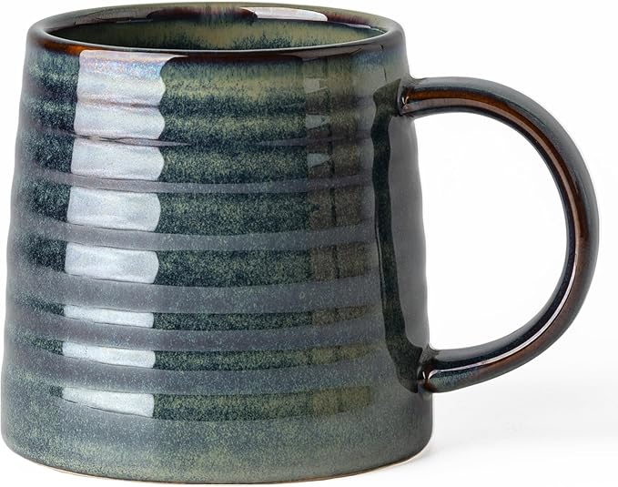 15.5 Oz Large Reactive Glaze Ceramic Mug, Heavy Weighted Stoneware Coffee Cup, Wide Base, Thick Wall Big Tea Cup with Custom Package Box, Microwave & Dishwasher Safe (Dark Green)